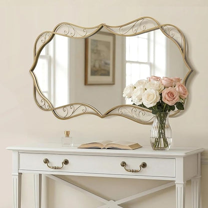 Besdomus Gold Bathroom Wall Mirror: 24"x48" Scalloped Modern Brass Gold Vanity Mirror for Wall - Farmhouse Decorative Vertical or Horizontal Hanging - Wall Decor for Living Room/Bedroom/Bathroom