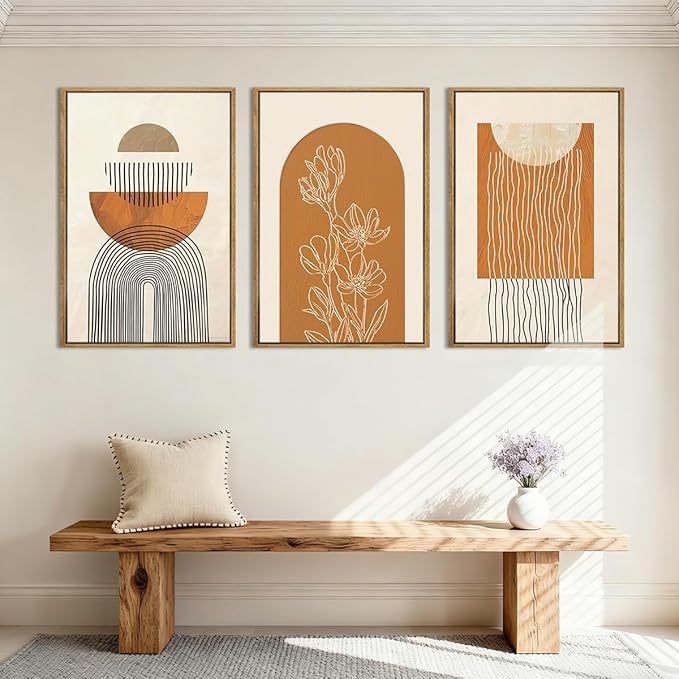ANHUIB Large Boho Canvas Wall Art,Abstract Geometric Framed Wall Decor,Mid Century Modern Artwork,3 Piece 16x24In Beige Orange Painting for Living Room Bedroom,Office