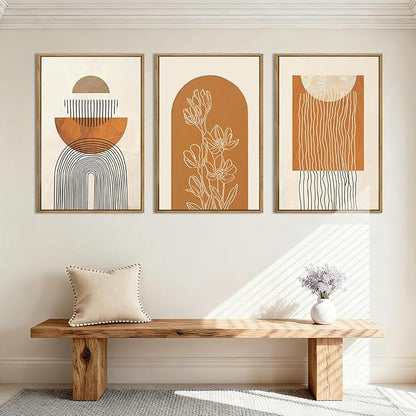ANHUIB Large Boho Canvas Wall Art,Abstract Geometric Framed Wall Decor,Mid Century Modern Artwork,3 Piece 16x24In Beige Orange Painting for Living Room Bedroom,Office