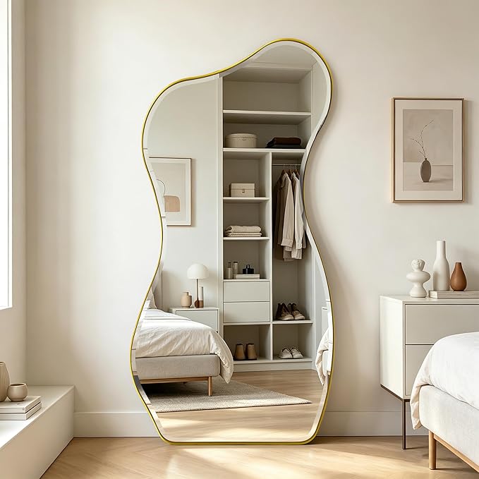 POZINO Irregular Beveled Mirror, 63"x32" Large Asymmetrical Aesthetic Wall Mirror with Metal Frame, Premium Organic Floor Mirrors for Living Room Bedroom Hallway Entryway, Leaning/Wall-Mount