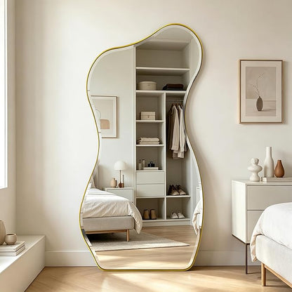 POZINO Irregular Beveled Mirror, 63"x32" Large Asymmetrical Aesthetic Wall Mirror with Metal Frame, Premium Organic Floor Mirrors for Living Room Bedroom Hallway Entryway, Leaning/Wall-Mount