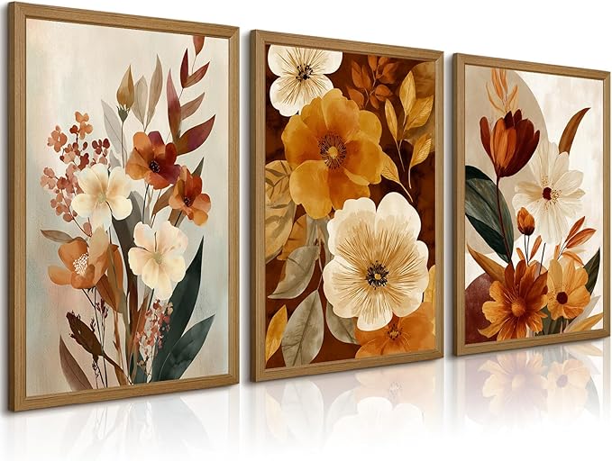 Boho Flower Wall Art Vintage Abstract Floral Prints Botanical Canvas Wall Decor Flower Farmhouse Pictures Fall Plant Poster Rustic Autumn Floral Artwork for Bedroom Living Room 16x24x3 Inch Framed ﻿