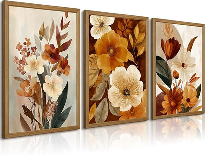 Boho Flower Wall Art Vintage Abstract Floral Prints Botanical Canvas Wall Decor Flower Farmhouse Pictures Fall Plant Poster Rustic Autumn Floral Artwork for Bedroom Living Room 16x24x3 Inch Framed ﻿