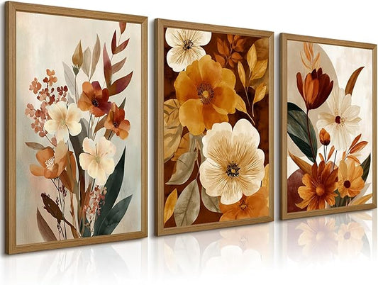 Boho Flower Wall Art Vintage Abstract Floral Prints Botanical Canvas Wall Decor Flower Farmhouse Pictures Fall Plant Poster Rustic Autumn Floral Artwork for Bedroom Living Room 16x24x3 Inch Framed ﻿