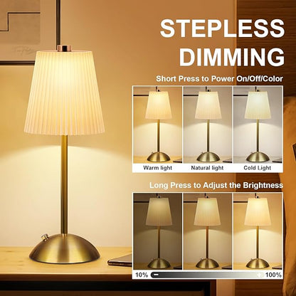FRIDEKO HOME Rechargeable Table Lamp Gold - Cordless Battery Operated Lamp, Fabric Shade Desk Lamp, Wireless Lamp for Decor Bedroom Dining Table Counter (1pcs-Hard Fabric-LED-11.65in)