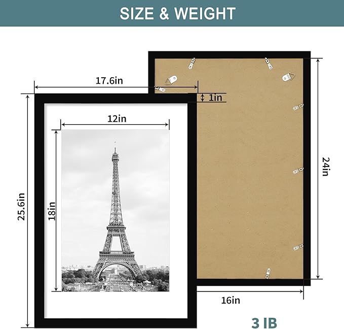 iRahmen 16x24 Poster Frame with 12x18 Mat - Plexiglass Wooden Picture Frames for Photo Wall Gallery Mounting (Pure Black, Set of 2)