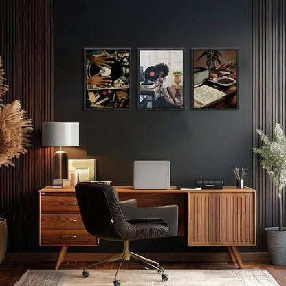 Black Girl Wall Art Decor Modern Black Woman Painting Prints, Set of 3 African American Music Record Player Poster Canvas Artwork for Bedroom Living Room 16x24 inch PS Framed