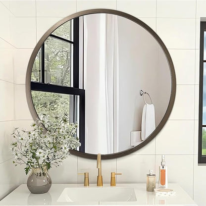 Wall Mirror Small Round Bathroom Mirror Metal Brushed Framed Rounded Corner Ative Hanging Mirror for Living Room Bedroom Entryway Farmhouse Caffee