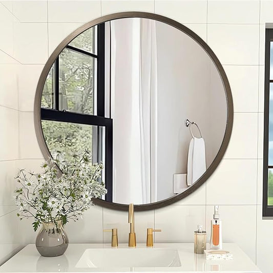 Wall Mirror Small Round Bathroom Mirror Metal Brushed Framed Rounded Corner Ative Hanging Mirror for Living Room Bedroom Entryway Farmhouse Caffee