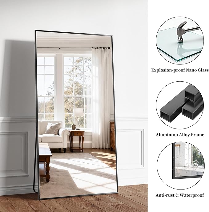 Large Full Length Mirror, 71"x30" Floor Mirror with Stand, Big Full Body Mirrors for Bedroom, Hanging Mounted for Living Room Cloakroom, Shatterproof Tempered Glass Floor Mirror, Black