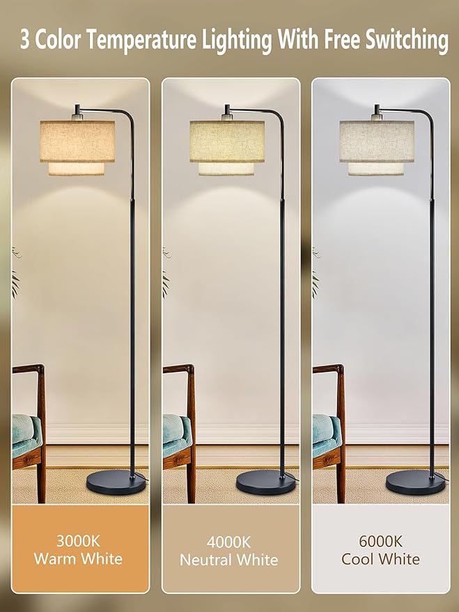 64" Modern Floor Lamp for Living Room Bedroom, Floor Lamp with 3 Color Temperatures, Standing Lamp with Double Oatmeal Linen Lampshade, Tall Lamp with A19 12W LED Bulb, Foot Switch Control, Black
