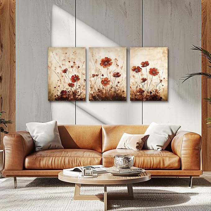 TTHYUEWS Boho Wall Decor for Bedroom Canvas Wall Art for Living Room Office Decorations Flowers Wall Pictures Watercolour Paintings Artwork Modern Aesthetic Bathroom Home Decor 3 Piece Ready To Hang