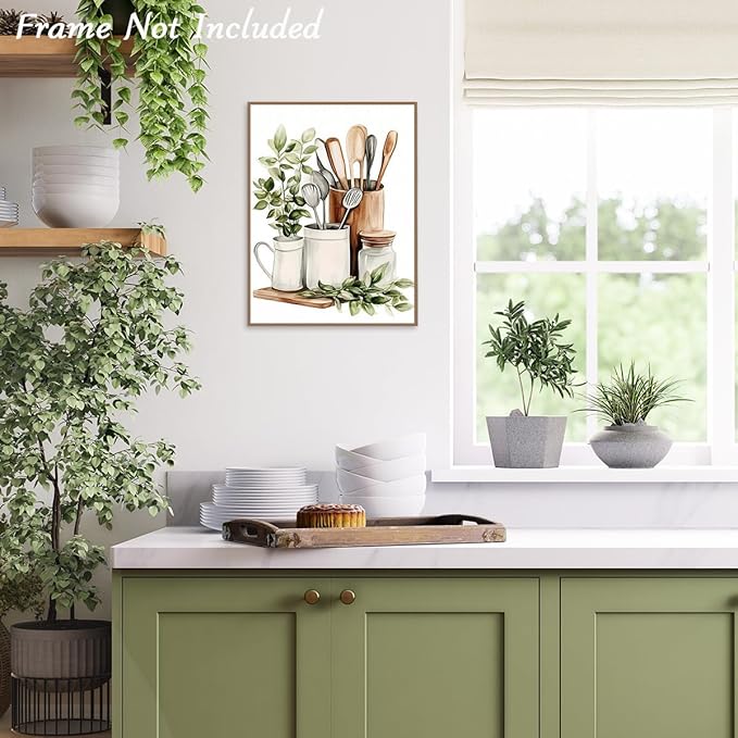 Dazzlewall Watercolor Botanical Kitchen Wall Art Decor,Sage Green Eucalyptus Leaves Kitchenware Wall Poster for Kitchen Dining Room Canteen Decor 12x16 in Unframed