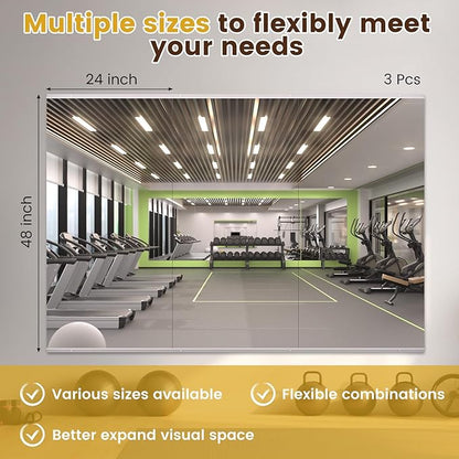 LOAAO Home Gym Mirror, 48"x24"-3 PCS Gym Mirrors for Wall, Frameless, Tempered Glass, Large Workout Mirrors for Home Gym, Dance Studio, Yoga Room, Garage Gym