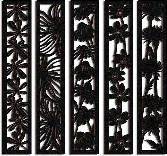 5 Pieces Wooden Wall Art Hollow Wall Decor Wood Wall Accents Themed Wood Panels for Home Decorations Bedroom Living Room, 15.7 x 2.9 x 0.2 Inch (Black, Floral)
