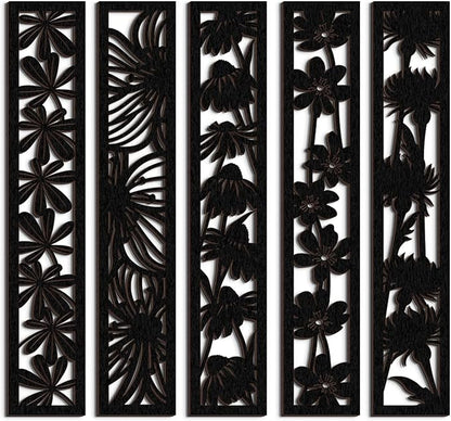 5 Pieces Wooden Wall Art Hollow Wall Decor Wood Wall Accents Themed Wood Panels for Home Decorations Bedroom Living Room, 15.7 x 2.9 x 0.2 Inch (Black, Floral)