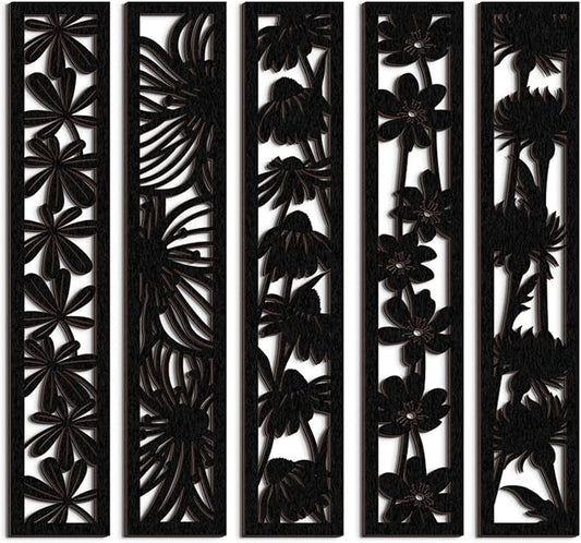 5 Pieces Wooden Wall Art Hollow Wall Decor Wood Wall Accents Themed Wood Panels for Home Decorations Bedroom Living Room, 15.7 x 2.9 x 0.2 Inch (Black, Floral)