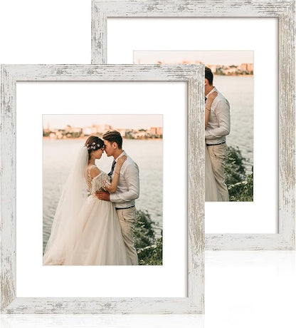 iRahmen 11x14 Picture Frame with Mat 8x10 - High Definition Tempered Glass Wooden Photo Frames for Wall Mounting (Distressed-White, Set of 2)