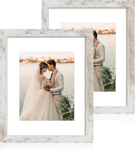 iRahmen 11x14 Picture Frame with Mat 8x10 - High Definition Tempered Glass Wooden Photo Frames for Wall Mounting (Distressed-White, Set of 2)