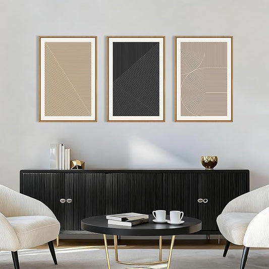 HPNIUB Abstract Neutral Framed Wall Art Set,Mid Century Modern Wall Decor,Boho Geometric Line Art Print,Beige Minimalist Textured Artwork for Living Room, Bedroom,Office-24 x36 x3