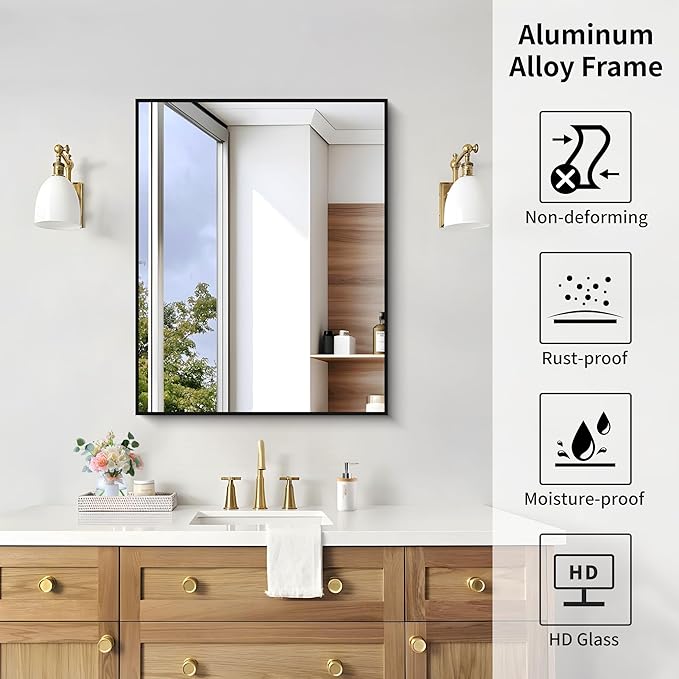 KOCUUY Black Mirror, 24x30 Inch Rectangle Bathroom Mirror for Over Sink, HD Tempered Glass, Anti-Rust Frame, Modern Design for Bathroom, Bedroom, Living Room, Entryway, Hang Horizontal/Vertical