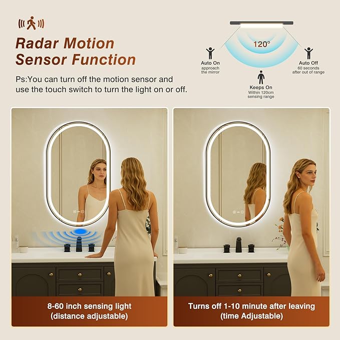 24x40 Inch Oval Black Framed LED Bathroom Mirror with Lights,Smart Bathroom Mirror,Motion Sensor,Tempered Glass,Anti-Fog,Stepless Dimmable & 3 Colors,Memory,Vanity Mirror for Wall