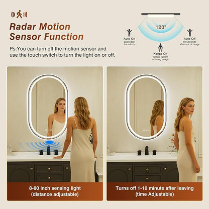 24x40 Inch Oval Black Framed LED Bathroom Mirror with Lights,Smart Bathroom Mirror,Motion Sensor,Tempered Glass,Anti-Fog,Stepless Dimmable & 3 Colors,Memory,Vanity Mirror for Wall