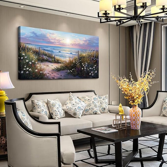 hyidecorart Large Wall Art For Living Room Canvas Wall Decor For Bedroom Blue Ocean Artwork Pictures Flower Beach Scenery Wall Painting Framed for Office Hotel Decor Modern Posters Home Decorations