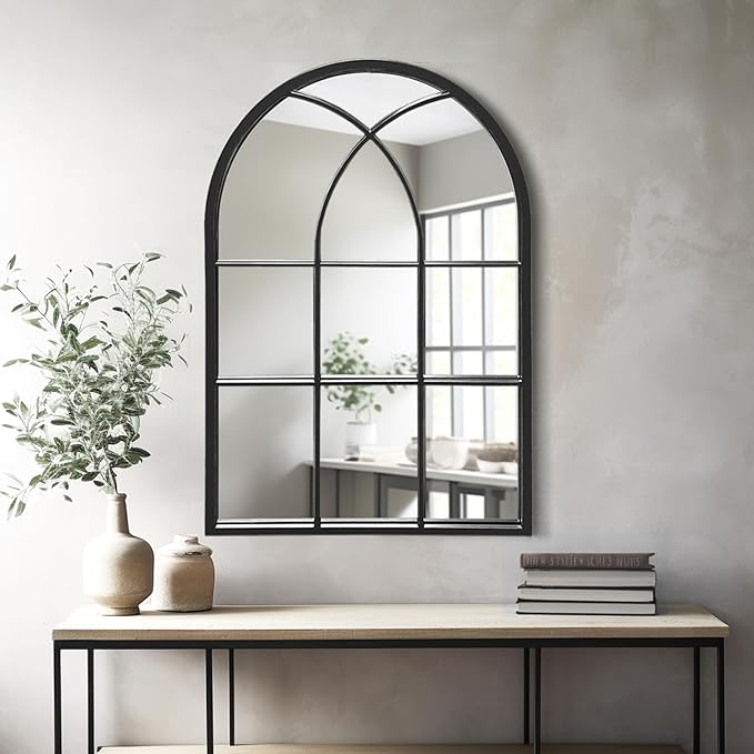 Dewfig Arched Window Wall Mirror, 30"x20" Window Pane Mirrors, Vanity Mirrors for Bathroom, Bedroom, Entryway, Living Room, Farmhouse Mirrors for Wall Decor, Metal Frame, Black