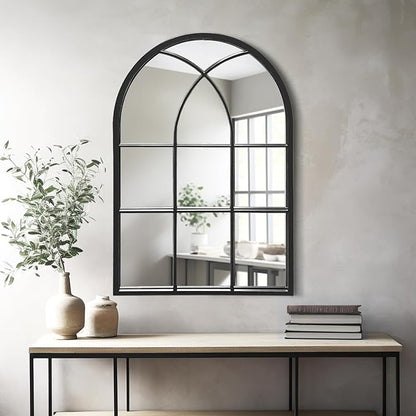Dewfig Arched Window Wall Mirror, 30"x20" Window Pane Mirrors, Vanity Mirrors for Bathroom, Bedroom, Entryway, Living Room, Farmhouse Mirrors for Wall Decor, Metal Frame, Black