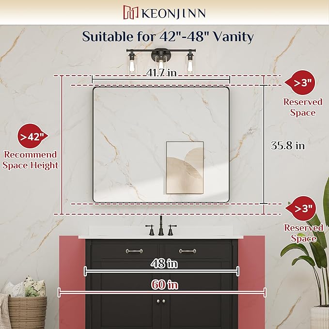 Keonjinn Black Bathroom Mirror for Over Sink, 42 x 36 Inch Large Rounded Rectangle Bathroom Vanity Mirror, Matte Black Sandblasted Finish, HD Tempered Glass, Seamless Aluminum Alloy Frame Mirror