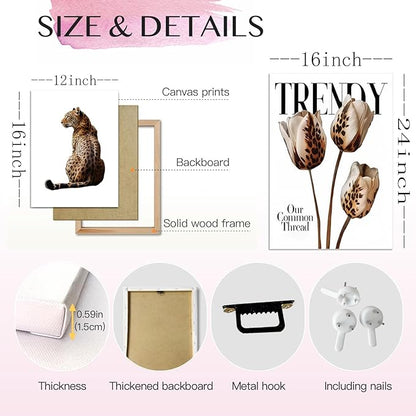 Trendy Leopard Canvas Wall Art Set of 3 Cheetah Printed Preppy Fashion Skateboard Wall Decor Preppy Room Aesthetic posters Prints for Girls Bedroom Apartment Dorm 16x24in Framed Decoration
