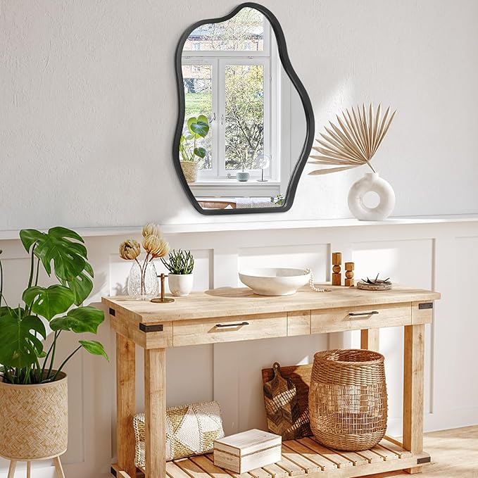 Irregular Mirror for Wall Decor Asymmetrical Wooden Framed Wall Mirror Modern Unique Shape Vanity Artistic Cloud Mirror Decorative for Living Room Bedroom Bathroom Entryway Black