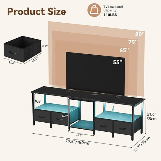 TV Stand for 80/75 Inch TV, LED Entertainment Center with 4 Fabric Drawers and Power Outlets, Modern Industrial TV Media Console for Living Room, Bedroom Storage Cabinet - 71'' Black