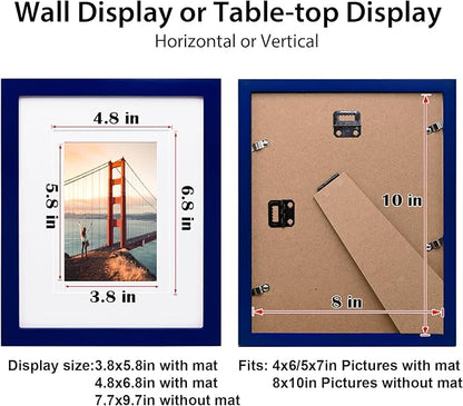 KINLINK 8x10 Picture Frame Navy, Solid Wood Frames with Acrylic Plexiglass for Pictures 4x6/5x7 with Mat or 8x10 without Mat, Tabletop and Wall Display Photo Frame, Set of 4