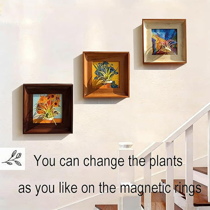2-in-1 Magnetic Van Gogh Wall Art & Air Plant Holder Frame 3 pack Floating Airplant Holder No-Drill with Famous Prints (Café Terrace, Irises, Sunflowers) for Living Room Bedroom Home Decor Lover Gift