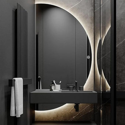 Half Moon LED Mirror for Bathroom,3-Color Dimmable Smart Vanity Mirror, Frameless Backlit Anti-Fog Half Moon Mirrors for Wall(Left Semicircle, 16 * 31in/40 * 80cm)