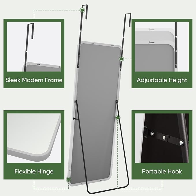 Suidia Full Length Mirror Over the Door&Wall Mounted, 48"x14" Door Mirror with Aluminum Alloy Frame, HD Shatterproof, No-Drill, Hanging Mirrors for Bedroom, Bathroom, Dorm, Closet, Rounded Rect, White