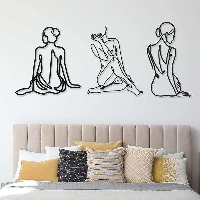 Photect 3 Pcs Metal Wall Art Decor Minimalist Abstract Woman Wall Art Metal Modern Line Drawing Decor Female Single Line Home Hanging for Bedroom Bathroom Living Room Housewarming(Vintage,Black)