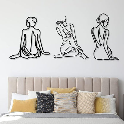 Photect 3 Pcs Metal Wall Art Decor Minimalist Abstract Woman Wall Art Metal Modern Line Drawing Decor Female Single Line Home Hanging for Bedroom Bathroom Living Room Housewarming(Vintage,Black)