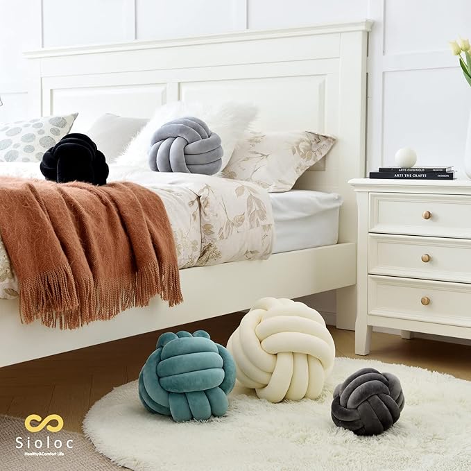 Sioloc Soft Knot Ball Pillows,Round Throw Pillow Cushion Home Decoration Plush Pillow,Throw Knotted Pillow Handmade Round Plush Pillow（10.6inches,Ivory）