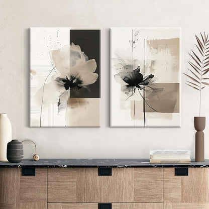 Modern Abstract Floral Wall Art Minimalist Neutral Canvas Painting Decor Beige Cream And Black Wall Art Contemporary Flower Picture Prints for Living Room Bedroom 16x24 Inch Wrapped Canvas Set of 2
