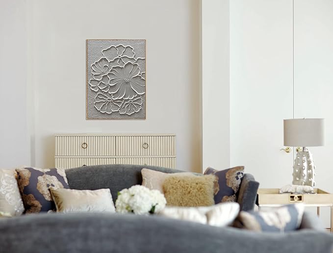 Boiee Art,24x36Inch Handmade Pure White Flower Framed Elegant Wall Art Textured Acrylic Canvas Artwork Abstract Floral Oil Paintings