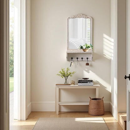 Vintage Mirror with Shelf and 4 Hooks 30 X 16 Inch, Hanging Distressed White Wood Framed Rustic Wall Mirror Decorative with Storage for Entryway Bathroom Living Room Bedroom