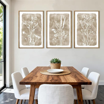 ANHUIB Beige Neutral Floral Canvas Wall Art 16x24 Inch Framed Beige Brown Botanital Wall Decor Large Rustic Farmhouse Wildflower Artwork Vintage Plant Art Prints Set of 3 for Living Room Bedroom Office