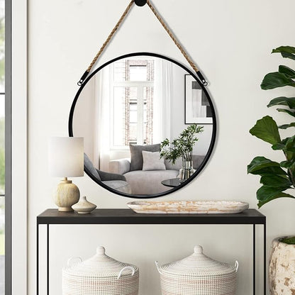 POZINO Round Mirror, 24 Inch Hanging Mirror with Rope, Circle Wall Mirrors, Black Frame Farmhouse Mirrors for Bathroom Bedroom Living Room Entryway Home Decor