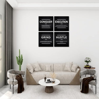 KAWAHONE Grind Hustle Execution Quotes Framed Wall Art,Success Canvas Print Office Decor Inspiring Framed Prints Inspirational Quotes for Wall Art Decoration Ready to Hang(4pcs)