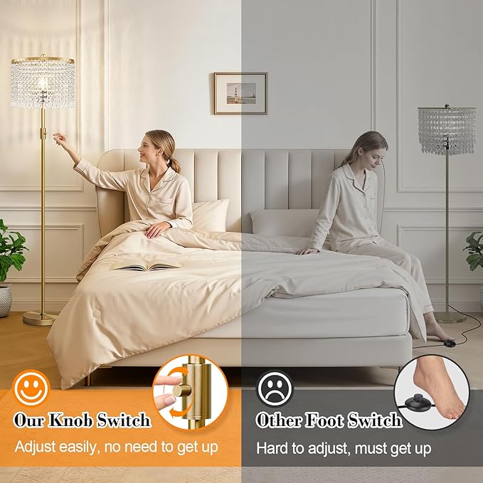 【Upgraded】 Dimmable Crystal Floor Lamps for Living Room, 1000LM LED Bulb Included, Standing Lamp with Knob Switch, Tall Gold Pole Light for Bedroom Nursery Office Corner Reading