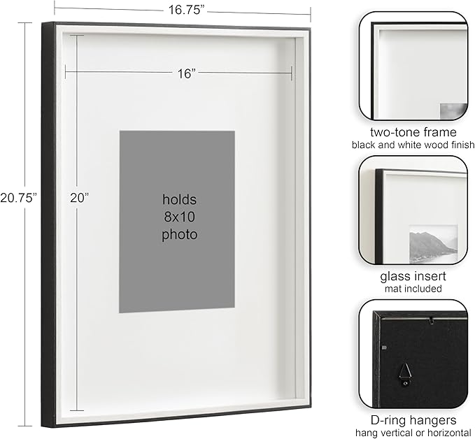 Kate and Laurel Gibson Modern Wall Picture Frame Set of 3; 16x20 matted to 8x10; White and Black; Three-Piece Frame Set for Gallery Wall Frame Set in Living Room Wall Décor