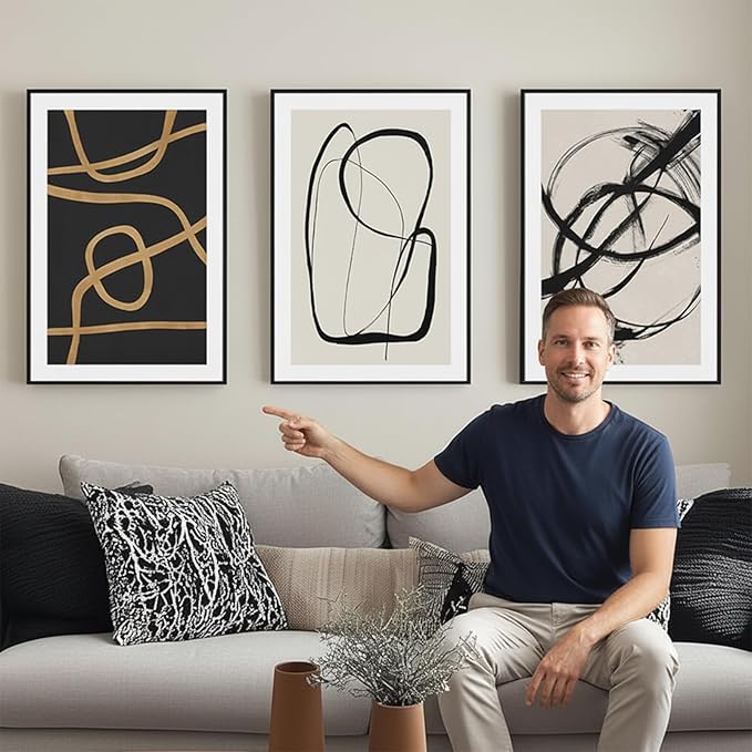 SAFERRYHOME Abstract Graffiti Black and White Wall Art Black and Gold Framed Canvas Print Set, Mid-Century Modern Geometric Sketches Lines for Living Room, Bedroom, Office - 3 Panels 16x24 Inch